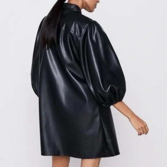 Zara Black Faux Leather Puff Sleeve Button Down Shirt Dress TunicLarge 4369/250 - Picture 2 of 12